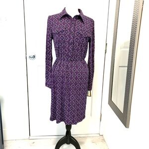 Ellen Tracy Blouson Dress Purple Long Sleeve Button Front Tie Waist Silky‎ Sleek